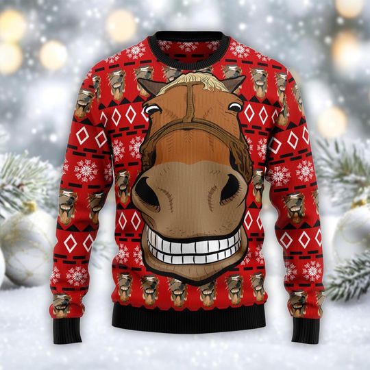 Funny Horse Face Ugly Christmas Sweater, Hilarious Red Holiday Jumper, Equestrian Lover Gift Idea, Festive Xmas Party Sweater