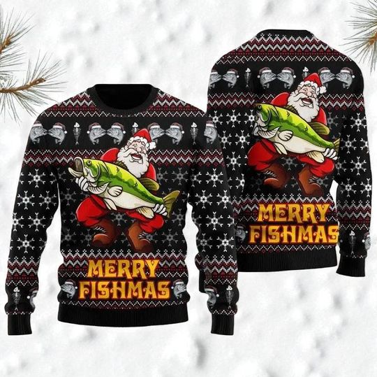 Santa Hug Fishing Xmas Ugly Sweater, Merry Fishmas Holiday Shirt, Funny Christmas Jumper, Unique Gift for Fish Lover