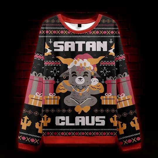 Funny Satan Claus Christmas Sweater Dark Humor Holiday Pullover Black Red Knit Festive Pattern Ugly Xmas Party Gift