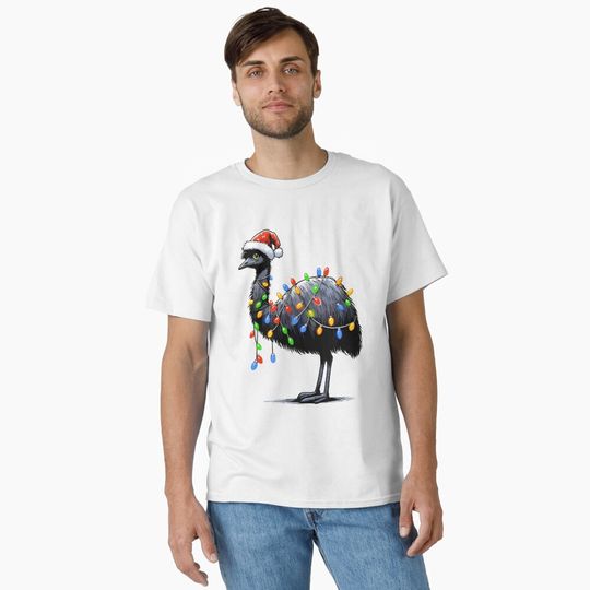 Cute Santa Emu Tangled Up In Christmas Tree Lights Classic T-Shirt