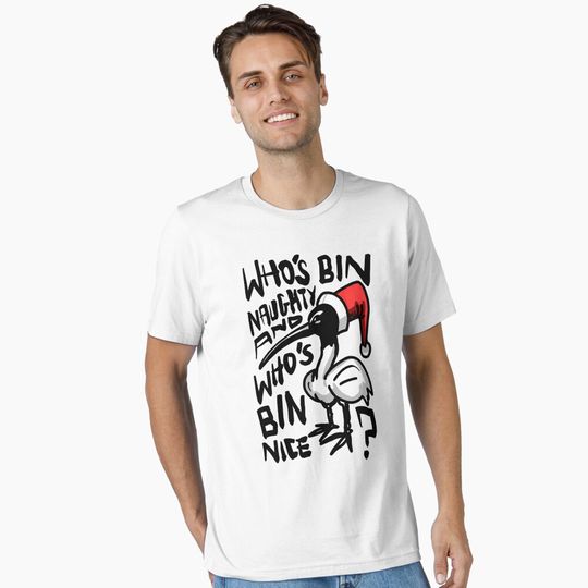 Discover Christmas Bin Chicken T Shirt - Australian Bin Chicken Christmas Themed Tee With Quote Who'S Bin Naughty Featuring An Aussie Ibis Bird Essential T-Shirt