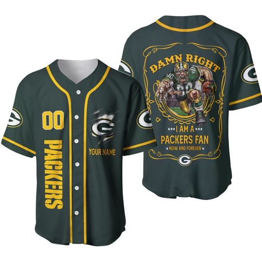 Personalized Green Bay Packers Baseball Jersey, Damn Right I Am Packers Fan Baseball Jersey
