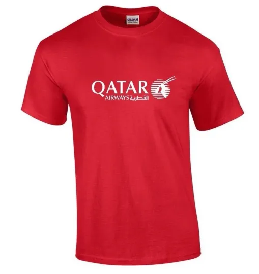 Discover Qatar Airways White Logo Aviation Airline Red T-shirt