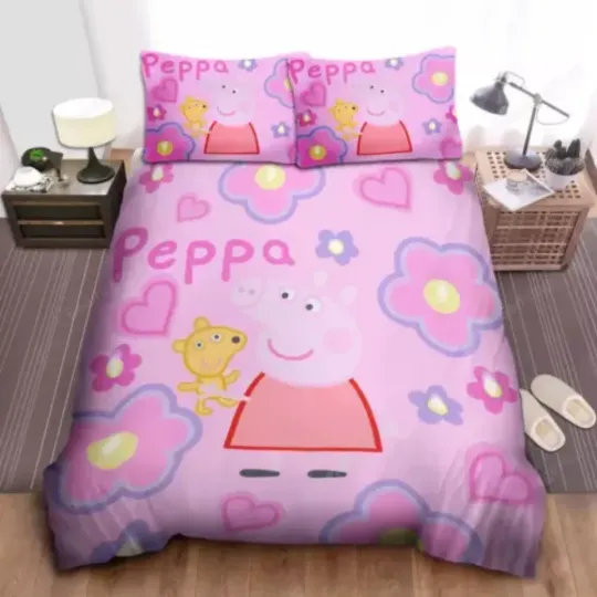 Discover Family Pig And Teddy Bear Quilt Duvet Cover Set Pillowcase Soft Bedroom Decor