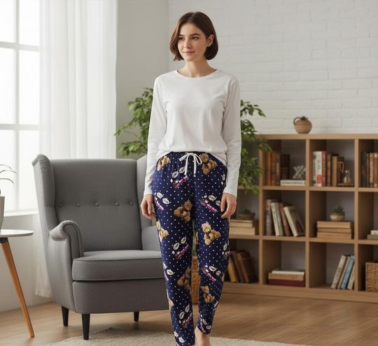 Discover KPDH Rumi Choo Choo Pajama Pants Navy Blue with Teddy Bears Clouds Unisex Comfortable Knit Fabric Soft Cozy Lounge Wear