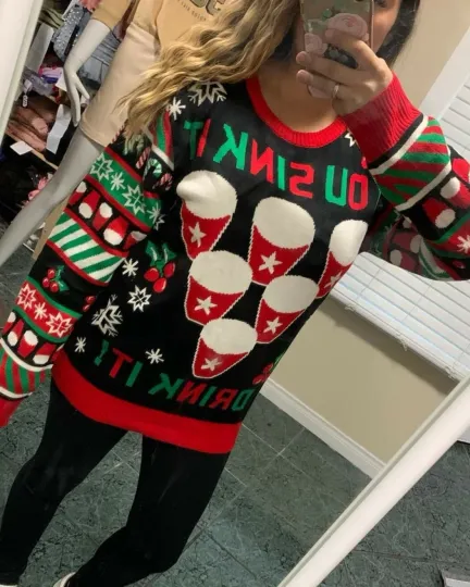 Discover Women's Ugly Christmas Sweater Size XXlarg black multi-colo cups design