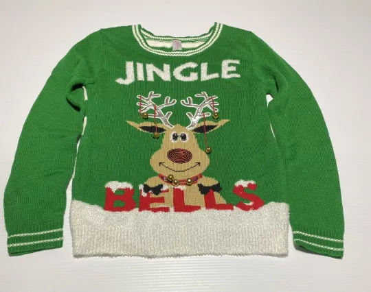 No Boundaries Green Jingle Bells Reindeer Striped Ugly Christmas Sweater sz M7-9