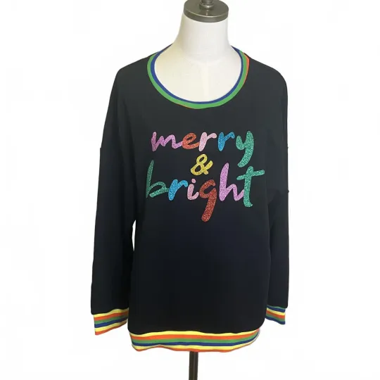 Women's Size XL Black Merry & Bright Christmas Holidays Sweater Ugly