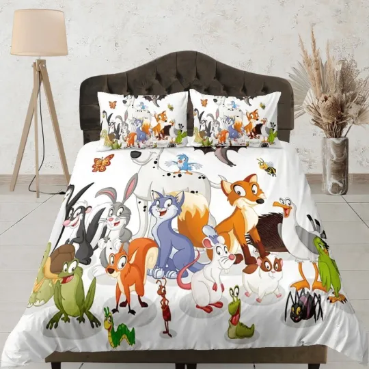 Discover Cartoon Animal Friends Bedding Set, Kids Duvet Cover Set