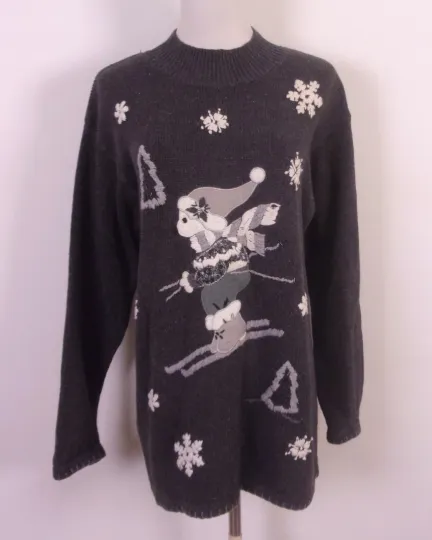 Discover vintage 90s Victoria Jones Gray Tone Ugly Christmas Sweater Ski Bear Mini Mock M