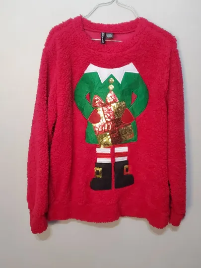 Discover Christmas Fuzzy Elf Ugly Tacky Pullover Sweater Women's large