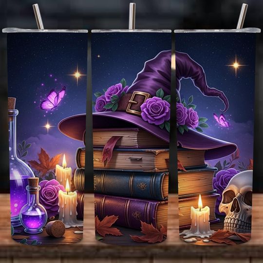 Discover Witchy Spells Tumbler Wrap PNG, 20oz Skinny Sublimation Design, Halloween Wrap with Witch Books, Flowers, Skulls & Gothic Style