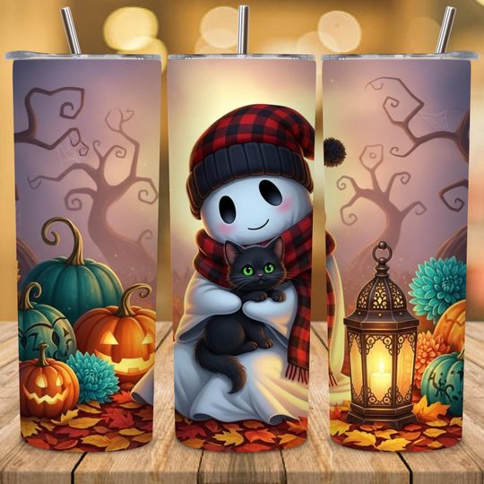 Discover Halloween Tumbler Wrap PNG, Spooky Season 20oz Skinny Tumbler Design, Ghost & Pumpkin Sublimation, Fall Seamless Tumbler PNG