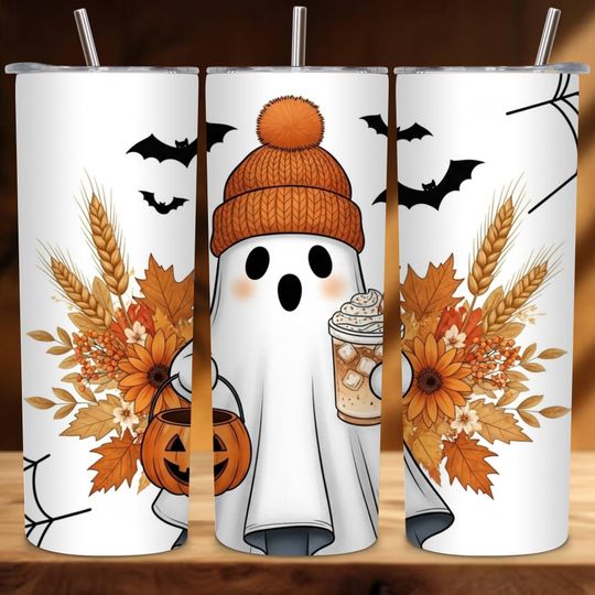 Discover Spooky Halloween Tumbler PNG, Ghost & Pumpkin Sublimation Wrap, Fall Seamless 20oz Skinny Tumbler Design