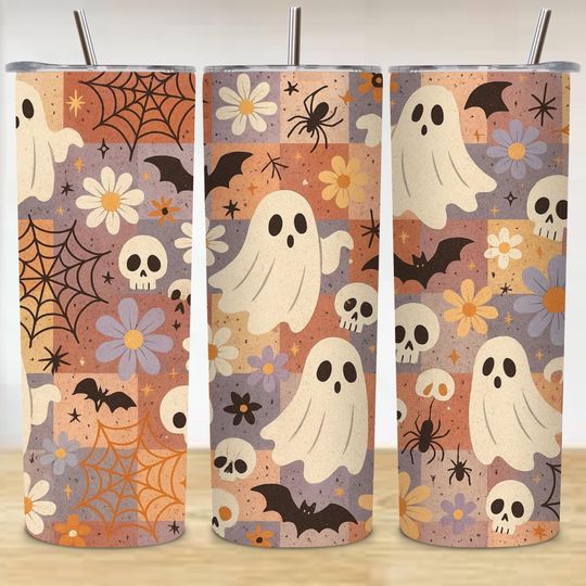 Discover Retro Halloween Tumbler Wrap PNG: Checkered Ghost, Pastel Spooky Season (Digital Download)