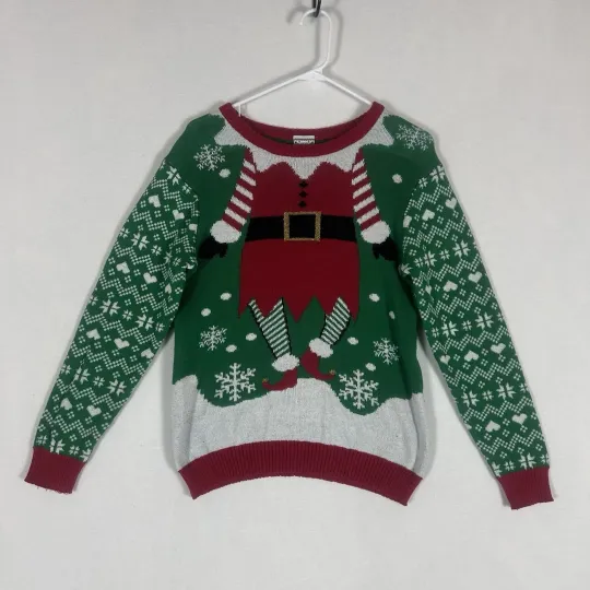 Discover Ugly Christmas Sweater Womens XL Red Elf Well Worn Holiday Reindeer Santa Claus
