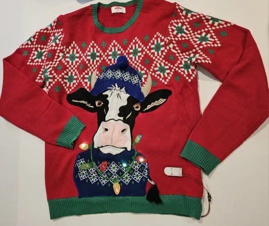 Discover Holiday Time  Ugly Christmas Sweater  Cow Face-LIGHT UP BLINKING LIGHTS-Medium