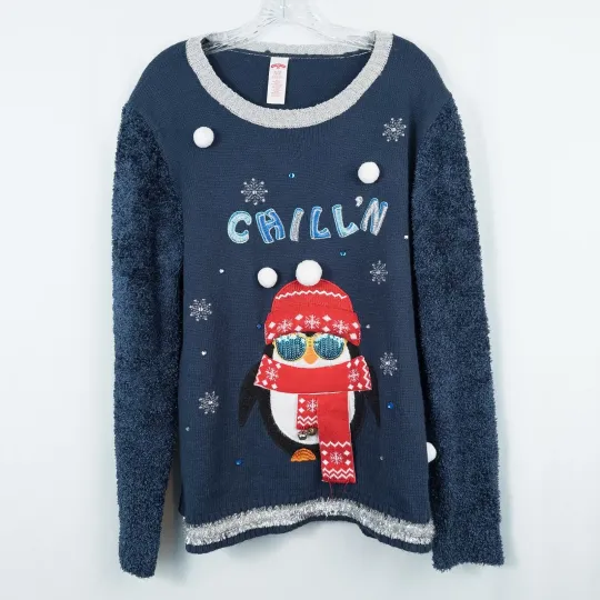 Discover Holiday Time Chill'n Penguin Ugly Christmas Sweater Womens XL Blue Bells Tinsel