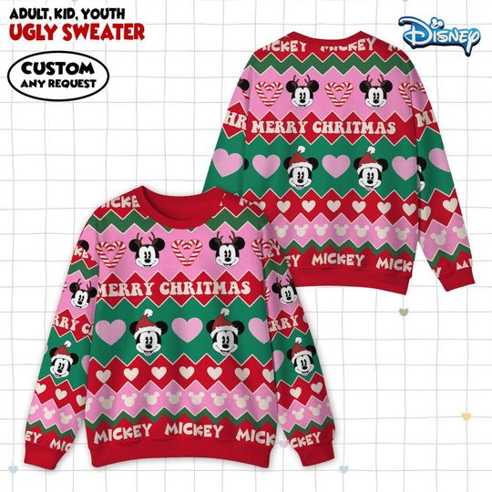 Discover Disney Mickey Pink Ugly Christmas Sweater, Mickey Mouse Xmas Ugly Sweatshirt, Disney Christmas Gift For Kid Youth Adult