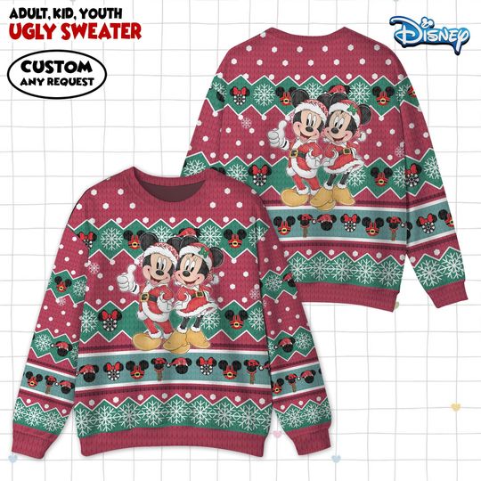 Discover Custom Disney Mickey And Minniee Couple Ugly Christmas Sweater, Mickey Mouse Xmas Ugly Sweatshirt, Disney Christmas Gift For Kid Youth Adult
