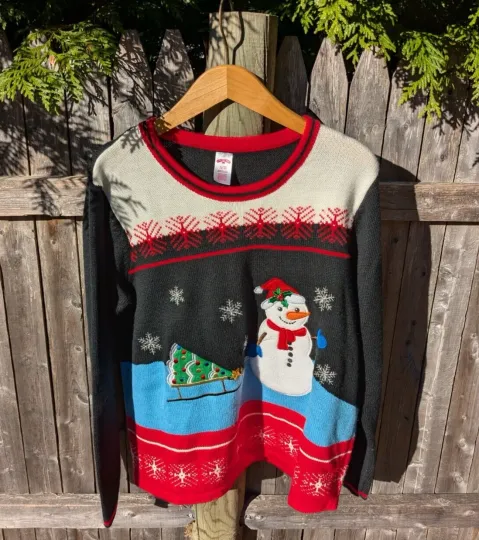 Discover Holiday Time Ugly Christmas Sweater Snowman Tree Sled Multicolor XL Grandma
