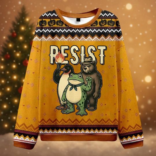Discover Resist Frog Bear Penguin Christmas Sweater, Portland Protest, Trump Political Holiday Sweatshirt