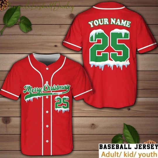 Discover Personalized Merry Christmas Baseball Jersey, Custom Name and Number Holiday Shirt, Matching Family Xmas Outfit, Festive Sports Gift