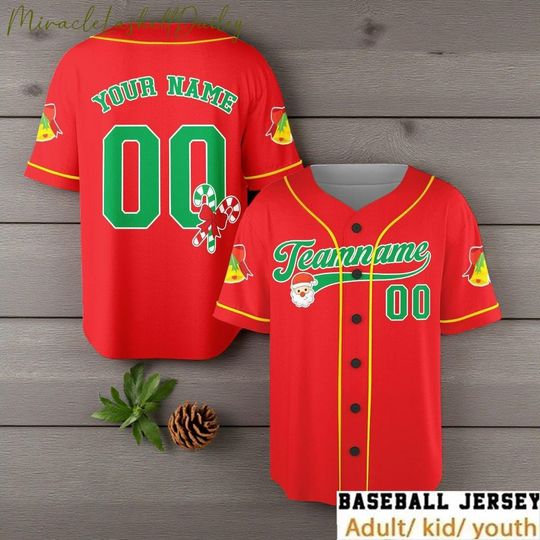 Discover Personalized Team Christmas Baseball Jersey, Custom Name and Number Shirt, Holiday Matching Outfit for Family, Festive Sports Gift