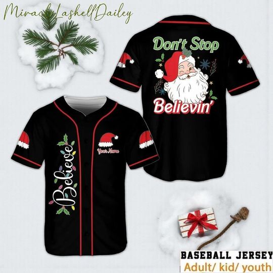 Discover Believe Santa Christmas Baseball Jersey, Funny Holiday Shirt with Name, Custom Xmas Outfit for Adult Kid Youth, 2D Print Jersey