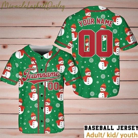 Discover Personalized Snowman Christmas Baseball Jersey, Custom Team Name and Number Shirt, Holiday Outfit for Family, Winter Gift 2025