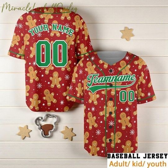 Discover Personalized Gingerbread Baseball Jersey, Custom Name Christmas Shirt, Funny Holiday Outfit, Family Xmas Matching Gift for Kids & Adults