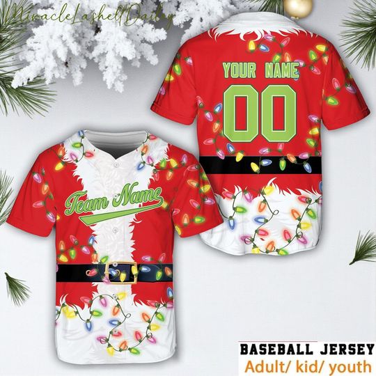Discover Personalized Santa Christmas Baseball Jersey, Custom Name Number Team Holiday Shirt, Xmas Lights Outfit for Adult Kid Youth Family Gift