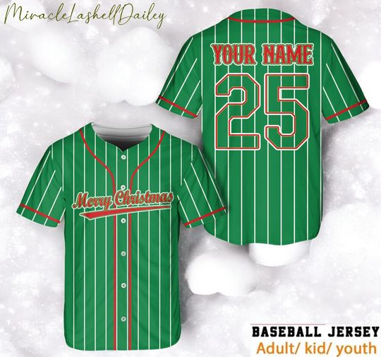 Discover Personalized Merry Christmas Baseball Jersey, Custom Name Number Green Holiday Shirt, Xmas Outfit for Adult Kid Youth, Family Matching Gift