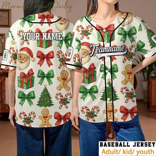 Discover Personalized Christmas Baseball Jersey, Custom Family Holiday Outfit, Santa Gingerbread Candy Cane Xmas Shirt for Adults Kids