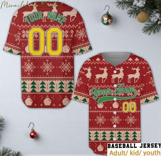 Discover Personalized Knitted Christmas Baseball Jersey, Custom Name & Number Holiday Reindeer Shirt, Family Matching Xmas Outfit, Team Gift 2025
