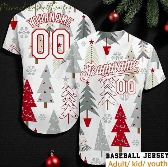 Discover Personalized Christmas Tree Baseball Jersey, Custom Name & Number Holiday Shirt, White Tree Pattern Family Matching Xmas Outfit