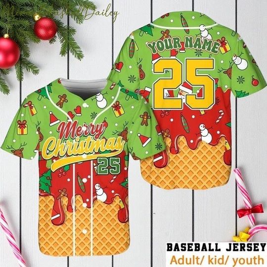 Discover Custom Merry Christmas Baseball Jersey, Personalized Holiday Shirt, Green Red Xmas Team Jersey, Family Matching Outfit Gift 2025