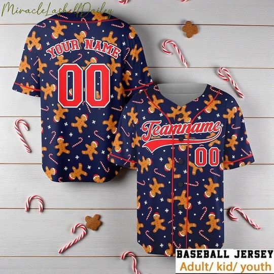 Discover Custom Gingerbread Baseball Jersey, Funny Christmas Team Shirt, Personalized Holiday Outfit 2025, Matching Family Xmas Gift