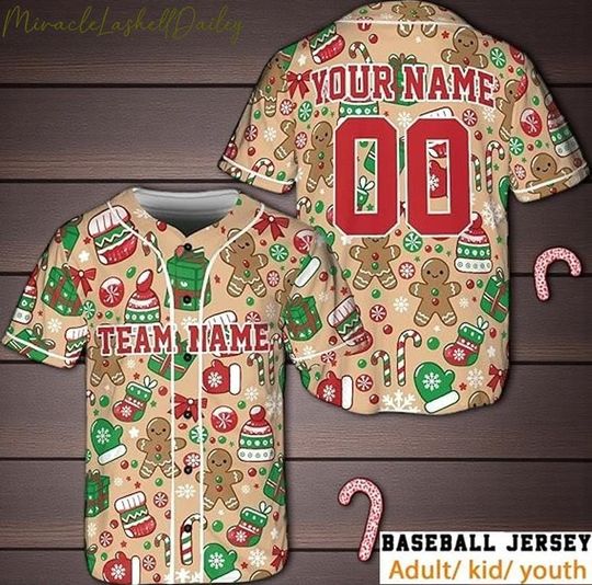 Discover Custom Christmas Baseball Jersey, Gingerbread Team Shirt, Personalized Holiday Outfit, Funny Xmas Gift for Family or Friends