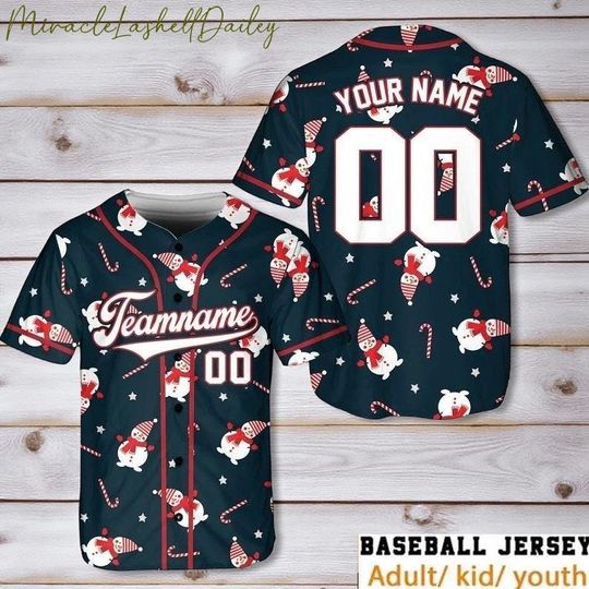 Discover Personalized Christmas Baseball Jersey, Custom Name & Number Holiday Shirt, Funny Snowman Candy Cane Team Gift