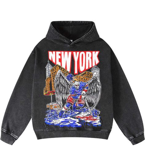 Vintage New York Hockey Acid Wash Hoodie, Hockey shirt, Unisex Shirt, Retro Washed Apparel Hoodie, Gift for him Gift for her.