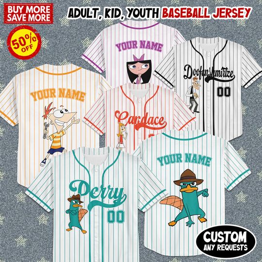 Discover Personalized Phineas And Ferb Baseball Jersey, Disney Perry Shirt, Disney Baseball Team Outfit, Cartoon Birthday Gift For Kid Adult