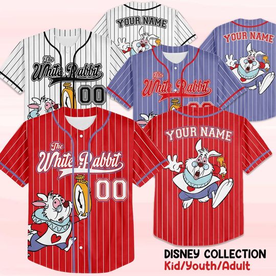 Discover Custom Disney Rabbit Alice In Wonderland Simple, Custom Name Disney Game Day Kid Adult Jersey,Gift For Baseball Fan Disney Princess Matching