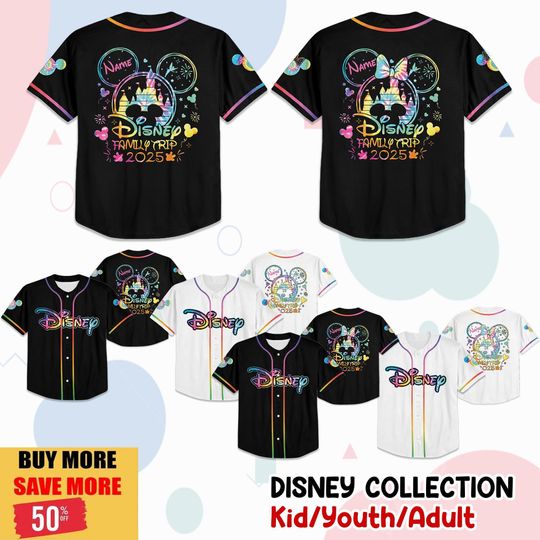Discover Custom Disney Family Trip Simple Mickey and Minniee Rainbow Custom Name Disney Kid Adult Toddler Baseball Jersey Disney Family Matching Oufit