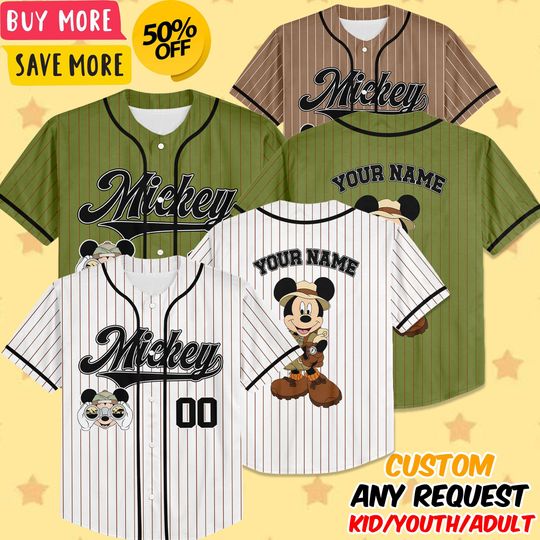 Discover Custom Name Mickey Mouse Safari Baseball Jersey, Custom Disneyland Jersey, Mickey Mouse Birthday, Gift For Disney Fans, Mickey Sport Outfit