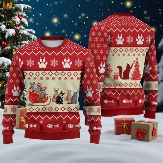 Discover Unisex 3D Cat Reindeer Christmas Ugly Sweater