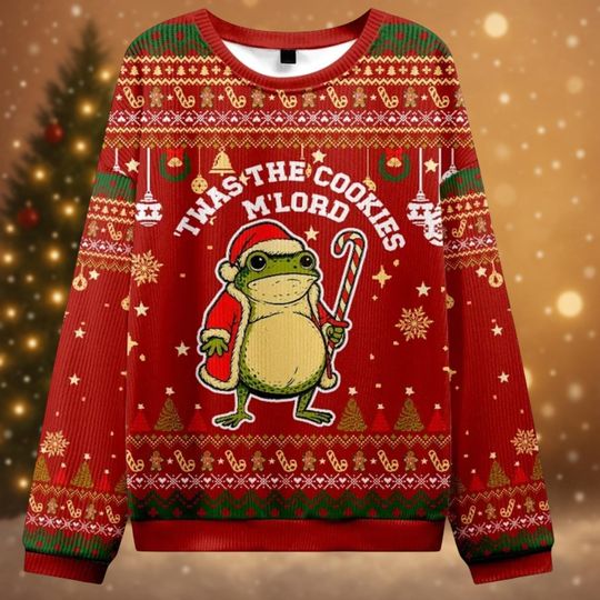 Twas the Cookies M'lord Christmas Sweater, Funny Frog Xmas Sweater