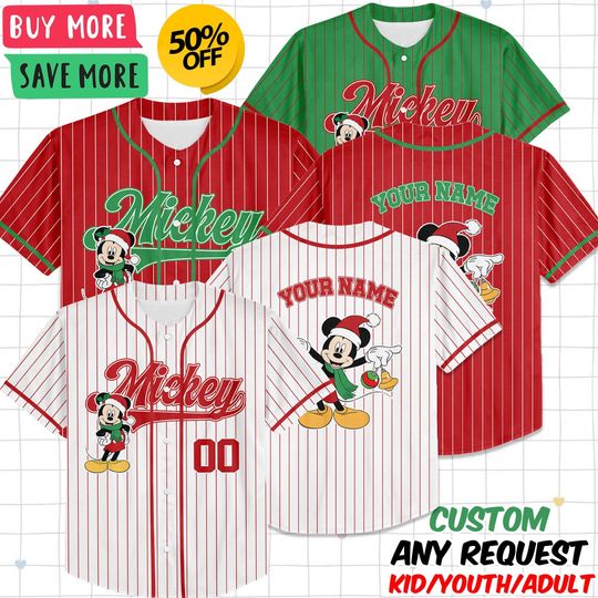 Discover Custom Disney Mickey Christmas Collection Simple Baseball, Personalized Baseball Team Jersey, Birthday Gift for Christmas Fans Family
