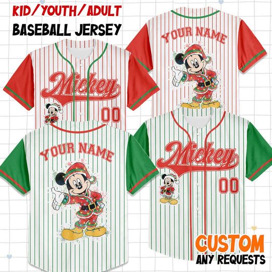 Discover Custom Disney Mickey Christmas Red Green Sleeve Simple Baseball, Personalized Baseball Team Jersey, Birthday Gift for Christmas Fans Family