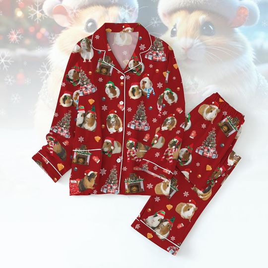 Discover Hamster Santa Christmas Pajamas Set, Cute Xmas Pj Set, Funny Animal Matching Shirt, Holiday Long Sleeve Pajamas, Hamster Lovers Gift